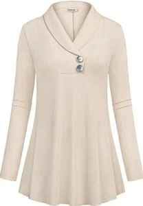 Ouncuty Women Fall Long Sleeve Tops Shawl Neck Button Down Dressy Blouses Shirts - Picture 1 of 4