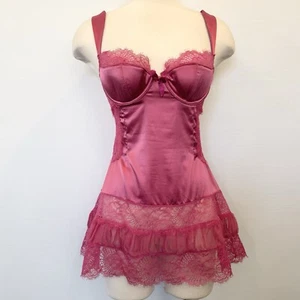 Abito slip Y2K Victoria’s Secret raso rosa seta babydoll pizzo chiffon 34C M - Foto 1 di 7