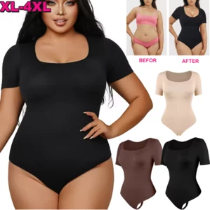 Plus Size Women Bodysuit Square Neck Full Body Shaper Tummy Control Thong Shirts - Picture 1 of 17