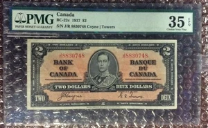 1937 $2 Canada Banknote BC-22c Coyne | Towers PMG 35 EPQ S/N J/R 8830748 - Picture 1 of 12
