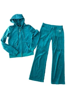 Genuine Juicy Couture Jacket And Sweatpants Full Tracksuit Turquoise Velour Y2K - Picture 1 of 21