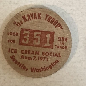 Kayak Treat Ice Cream Social Wooden Nickel Token Numismatics Seattle Washington - Picture 1 of 2