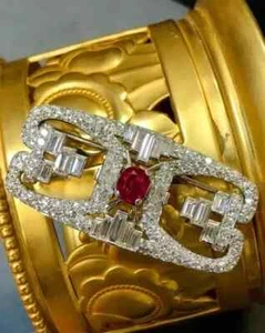 3.00Ct Round Lab Created Ruby Vintage Art Deco Brooch Pin 14K White Gold Plated - Picture 1 of 5