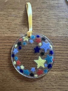 Peggy Karr Handmade Fused Glass With Colorful Stars Sun-catcher Ornament Signed - Picture 1 of 1