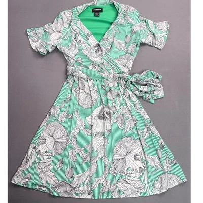 Liz Claiborne Career Green Floral Striped Wrap Dress - Size Small - Image 1 of 3