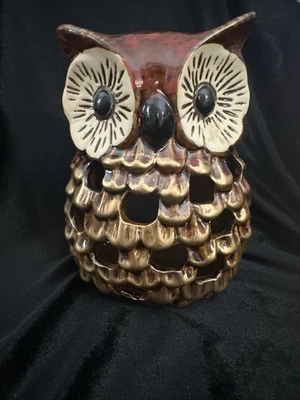 Ceramic Owl Candle Holder Brown/Red Glaze & Gold Accent 6.5"×5.5" - Image 1 of 4