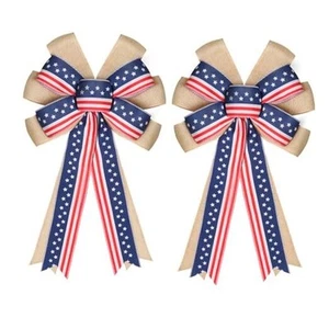 2 Pcs 4th of July Decor Bow for Wreath,Red White Blue Stripe Stars and Burlap - Picture 1 of 7