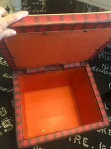 Vtg MCM SQ Red Oilcloth BUFFALO PLAID STORAGE Stool OTTOMAN HASSOCK Foot HINGED - Picture 1 of 12
