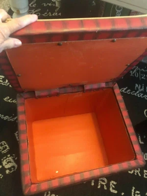Vtg MCM SQ Red Oilcloth BUFFALO PLAID STORAGE Stool OTTOMAN HASSOCK Foot HINGED - Image 1 of 4