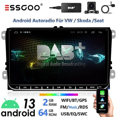 9" Autoradio DAB+ Carplay Android 13 64G GPS RDS CAM Per VW Golf 5 6 Polo Passat - Immagine 1 di 4