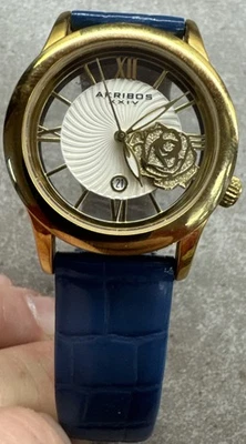 Akribos XXIV Womens Crystal Watch See Thru Roman Numeral Rose Leather No Battery - Image 1 of 4