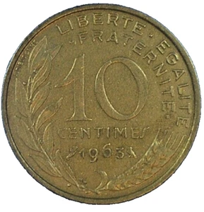 WORLD COIN SALE-1963-FRANCE 10 CENTIMES : ALUM./BRONZE COMPOSITION COIN-KM#929 - Picture 1 of 3
