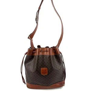 CELINE Shoulder Bag Macadam Drawstring PVC Leather Brown - Picture 1 of 16