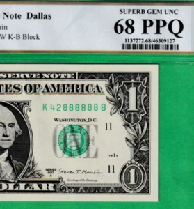 NEAR SOLID S/N 42-888888 $1 2017A Federal Reserve note Fr. 3005-K PCGS 68 PPQ - Picture 1 of 3