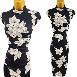 KAREN MILLEN 12 UK Vintage Black Satin Chinese Oriental Floral Pencil Dress - Picture 1 of 13