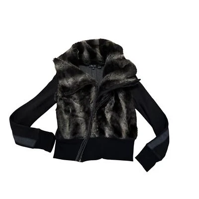Miss Me 复古 Y2K 黑色和灰色 Faur 毛皮拉链运动衫夹克 M  — 第 1/4 张图片
