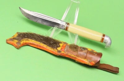 Tiny Signed Finnish Lapland Artic Small Puukko Knife & Sheath w/ Reindeer Fur - Image 1 of 4