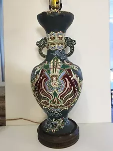 Vintage Asian Satsuma Hand Painted Vase Table Lamp, 31 1/2" Tall - Picture 1 of 10