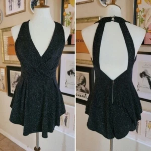 Vintage - Y2K Black Silver Shimmer Halter Romper - Picture 1 of 6