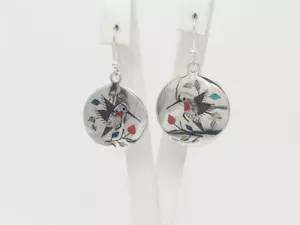 Navajo Handmade Sterling Silver Multi-Stone Dangle Hummingbird Earrings - Picture 1 of 8