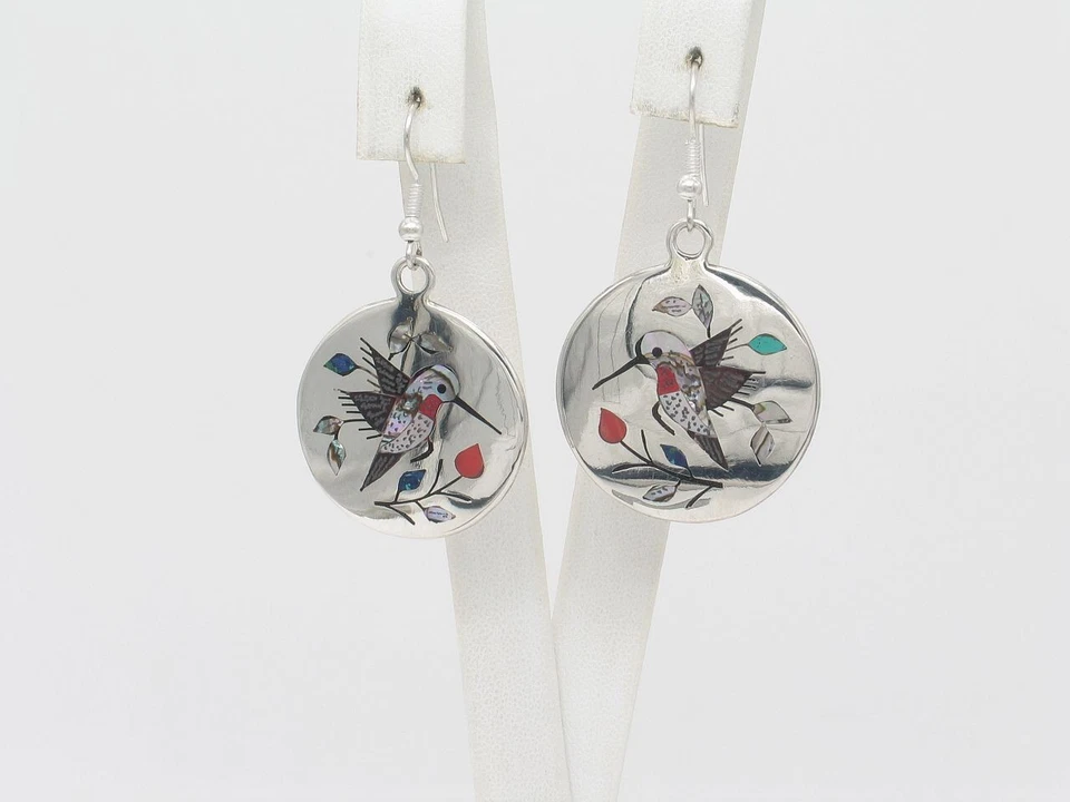 Navajo Handmade Sterling Silver Multi-Stone Dangle Hummingbird Earrings - Image 1 of 4