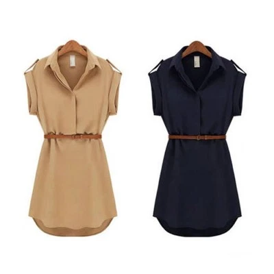 Women Short Sleeve Polo Neck Loose Chiffon Shirt Mini Dress With Belt   - Image 1 of 2
