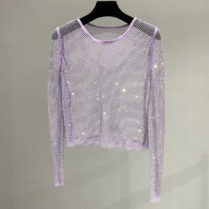 Lady Crystal Mesh Blouse Shirt Bling Glitter Shiny Sheer Hollow Out Pullover Top - Picture 1 of 18
