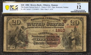 1882 $20 PEOPLE'S NATIONAL BANKNOTE CURRENCY OTTAWA KANSAS PCGS 12 FINE (889V) - Picture 1 of 2