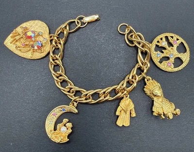 "Pulsera vintage tono dorado dijes luna amor pájaros abrigo árbol 7"" J20" Foto 1 de 4