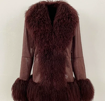 Women Real Mongolian Fur Trim Real Rabbit Fur Lined Jacket Warm Outwear Coat  - Image 1 of 4