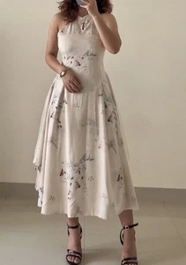 Vintage Halter Dress L Asian Florals Spring Butterflies Ivory Fit And Flare - Picture 1 of 8