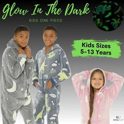 STYLE IT UP Kids Boys Girls Glow In The Dark All In One Piece Soft Warm Fleece Pyjamas PJ