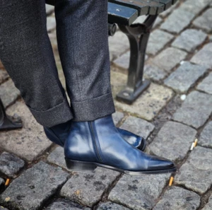 Handmade Men Blue Leather Ankle Side Zipper Business Boot, Dress Boot - Picture 1 of 3