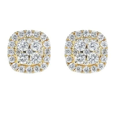 Pequeños aretes con racimo cuadrado de plata de ley 925 de oro amarillo cubo 3D Foto 1 de 4