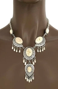 Beige Fake Riverstone Casual Everyday Tribal Ethnic Boho Necklace Earring Set - Picture 1 of 3
