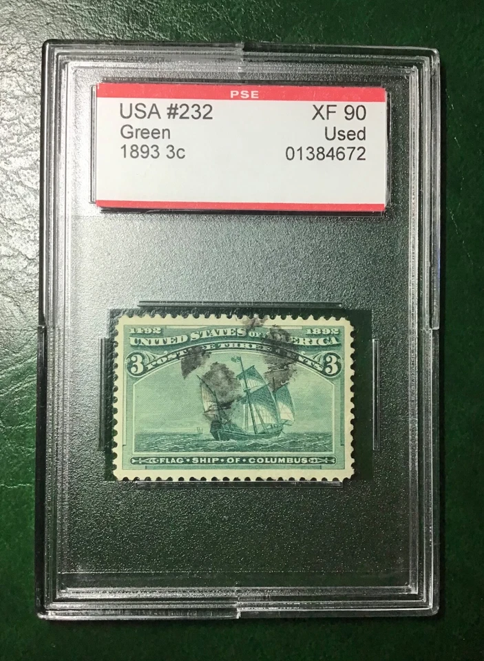 US Scott 232 3c Columbian Green Used XF PSE Encapsulated 90 Pretty (1893) - Image 1 of 1