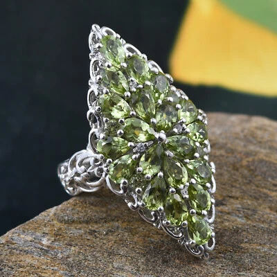 Hebei Peridot, Zircon Platinum Sterling Silver Cluster Elongated ring size 5 - Image 1 of 4