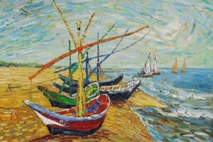 FOTO IMPRESA BRILLANTE DE VINCENT VAN GOGH'S Barcos de pesca en la playa (1888) 4x6 - Imagen 1 de 1