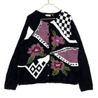 Vintage Abstract Floral Checkered Women's Knit Grandma Sweater Size Large