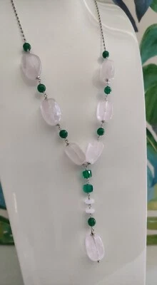 Collana Donna In Pietre Naturali Quarzo Rosa E Agata Verde - Immagine 1 di 4