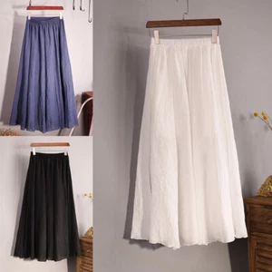 Women Summer Skirts Pleated Elastic Waist Long Dress Boho Maxi Skirt Solid Color - Picture 1 of 21