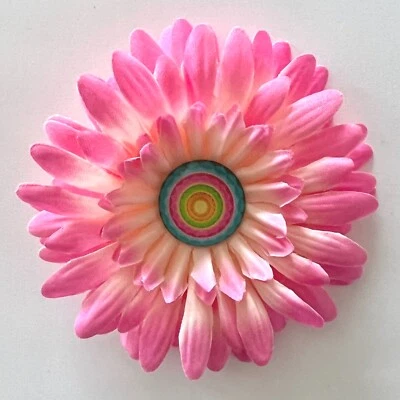 4" Pink & Cream Gerbera Daisy Silk Flower Hair Clip Kaleidoscope Glass Cabochon - Image 1 of 2