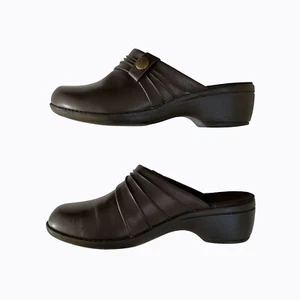 Button Slip-On Clogs Chunky Heel Brown Faux Leather Rustic 90s Y2K Boho Sz 7M - Picture 1 of 9