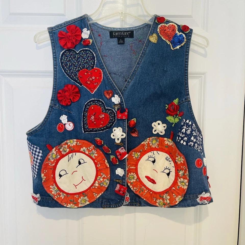 Chaleco Recortado Karen Kane Denim Parcheado Vintage Adornado a Mano Grande EE. UU. Foto 1 de 4
