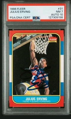 1986 Fleer Basketball Julius Erving 76ers HOF Dual PSA 7 DNA 10 AUTO Signed - Image 1 of 2