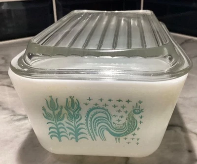 Vintage PYREX 502 Amish Butterprint Refrigerator Dish With Lid Turquoise Design - Image 1 of 4