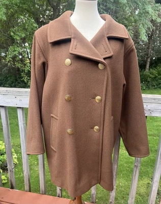 Abrigo Guisante Lana Vintage Mujer Doble Pecho Talla 12 Marrón Hecho en Unión EE. UU. USADO EN EXCELENTE ESTADO Foto 1 de 4