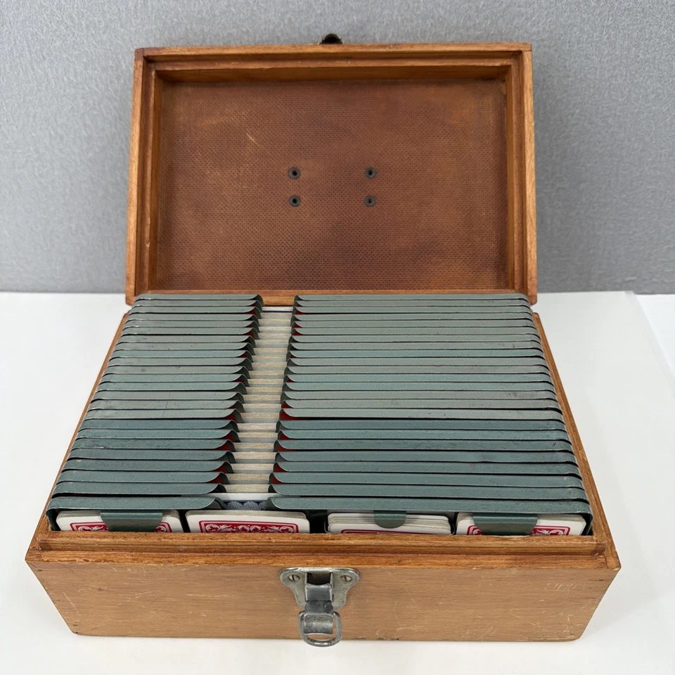 24 Vintage Duplicate Metal Bridge Boards with cards and Wood Case - Image 1 of 4