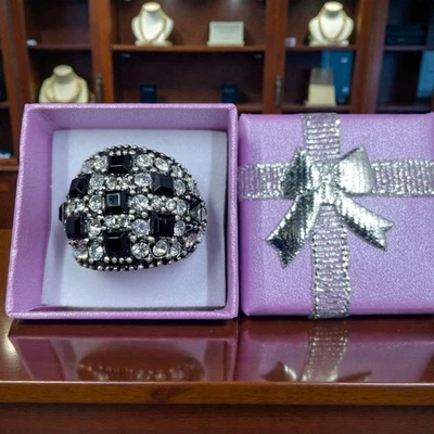 Anel cúpula Swarovski preto branco cristal tamanho 7 declaração glam gótico capricho bling - Imagem 1 de 4