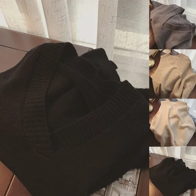 Women Knitted Sweater Vest Sleeveless Top Korean Style Deep V Neck Loose - Image 1 of 4